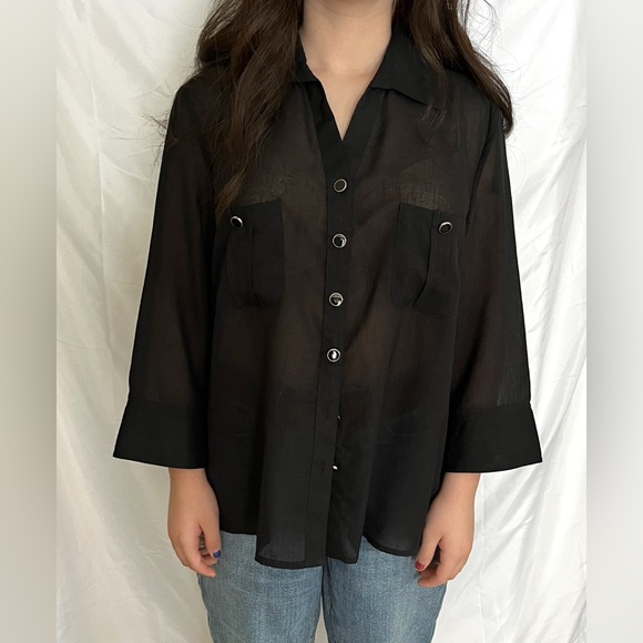 Tradition‎ Lightweight Black Gauzy Sheer Button Front Short Sleeve Blouse - Picture 3 of 11